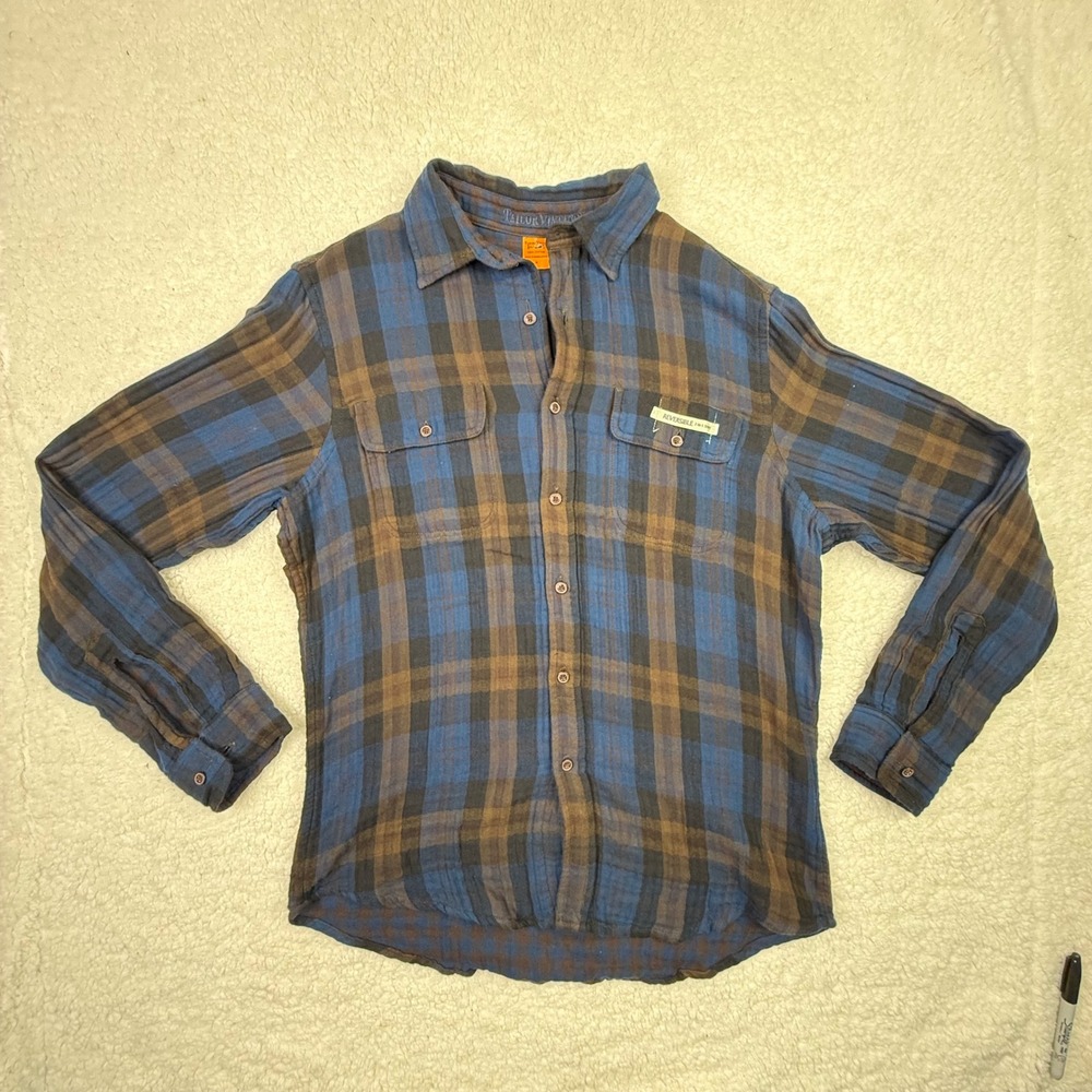 Tailor Vintage Plaid Button Down Shirt Men's Medium Blue Brown Long Sleeve